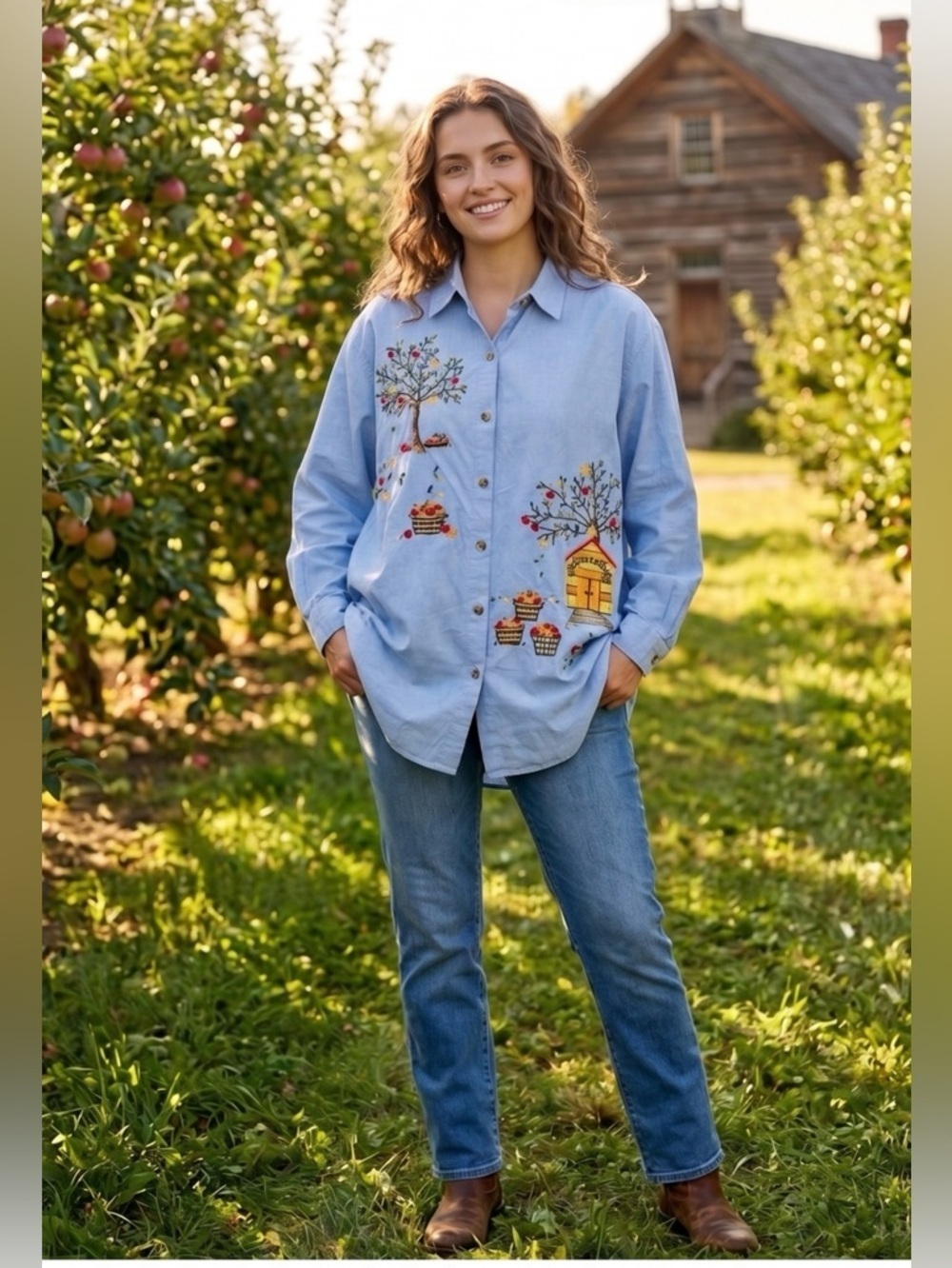 C.S.T SPORT Blue Light Embroidered Button-Up Blouse